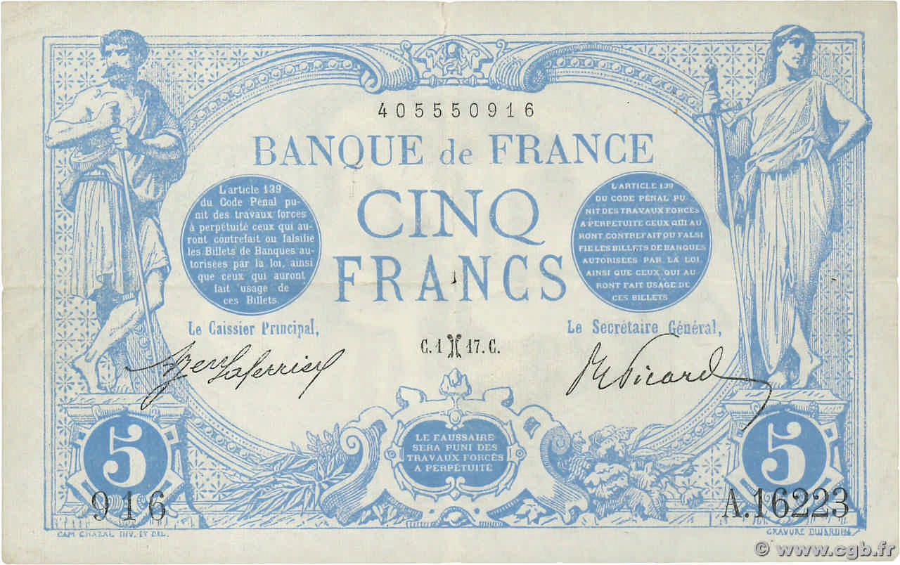 5 Francs BLEU FRANCE  1917 F.02.48 TTB