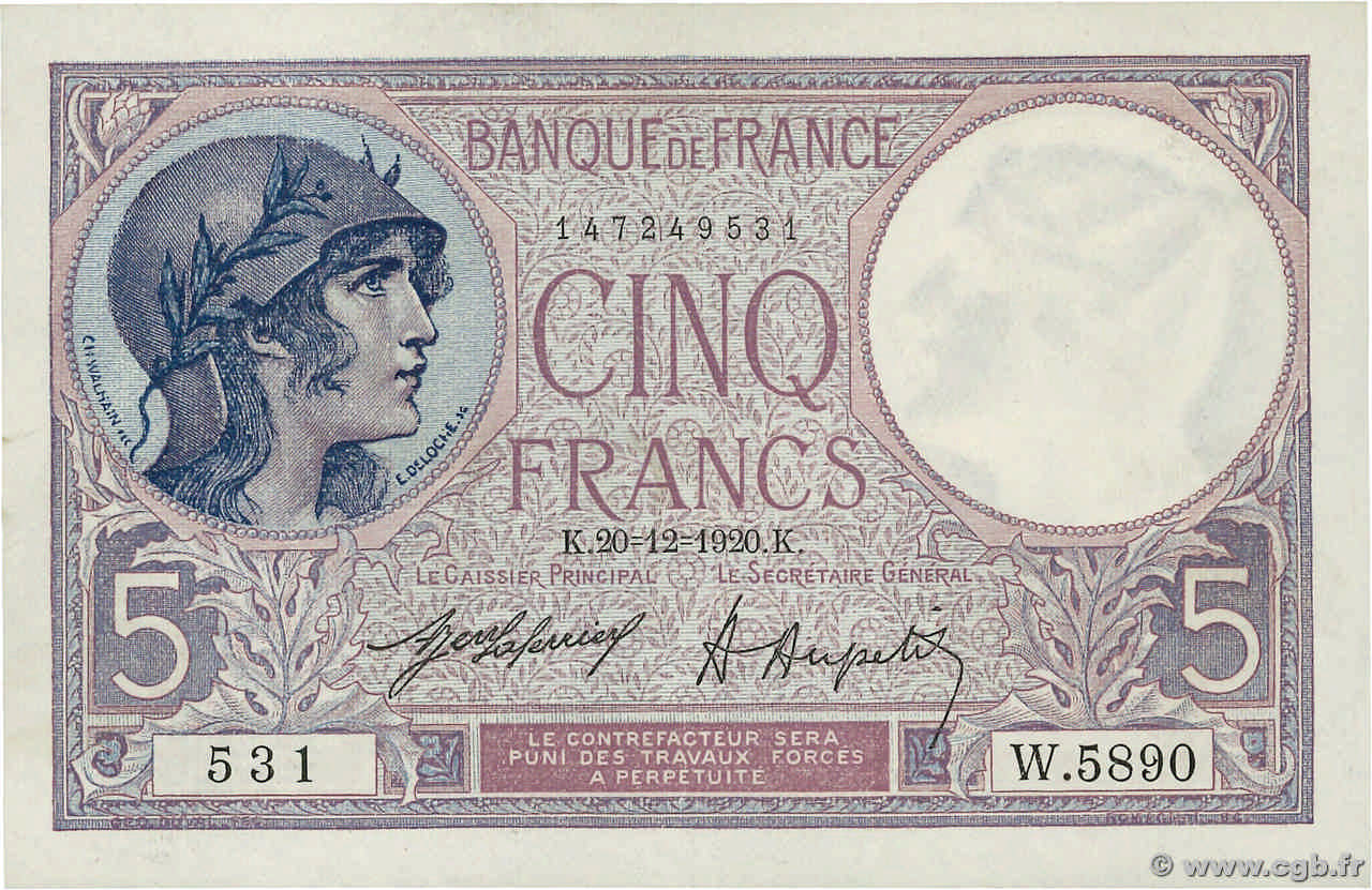 5 Francs FEMME CASQUÉE FRANCIA  1920 F.03.04 SC