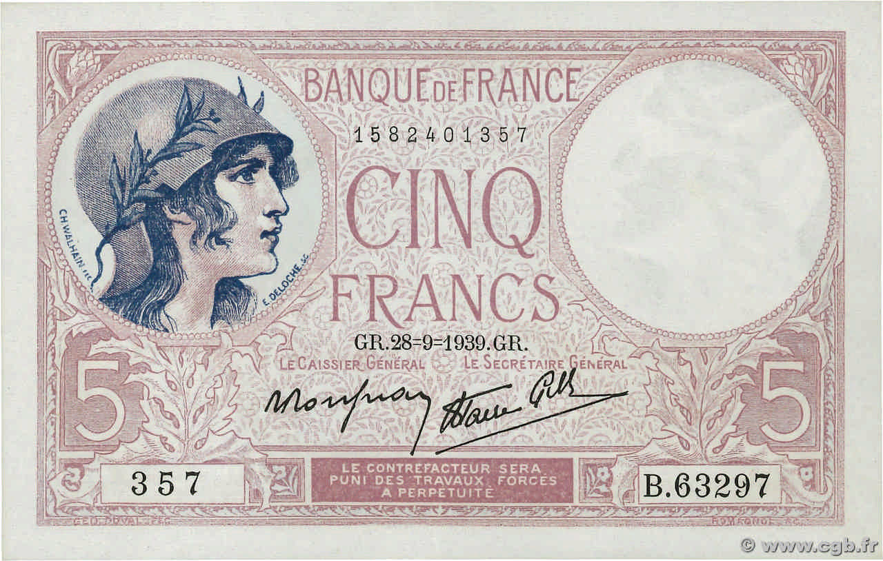 5 Francs FEMME CASQUÉE modifié FRANCIA  1939 F.04.10 AU
