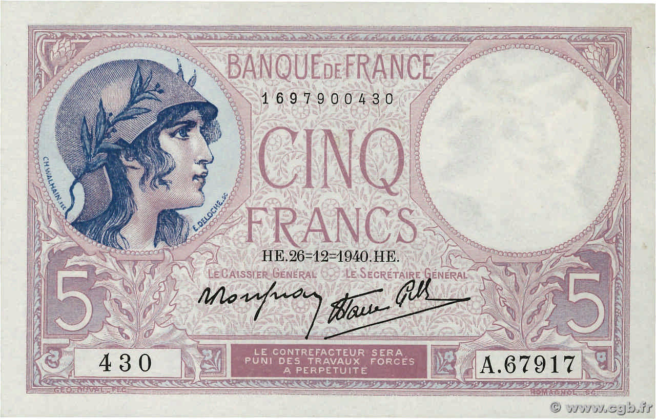 5 Francs FEMME CASQUÉE modifié FRANCE  1940 F.04.18 pr.SPL