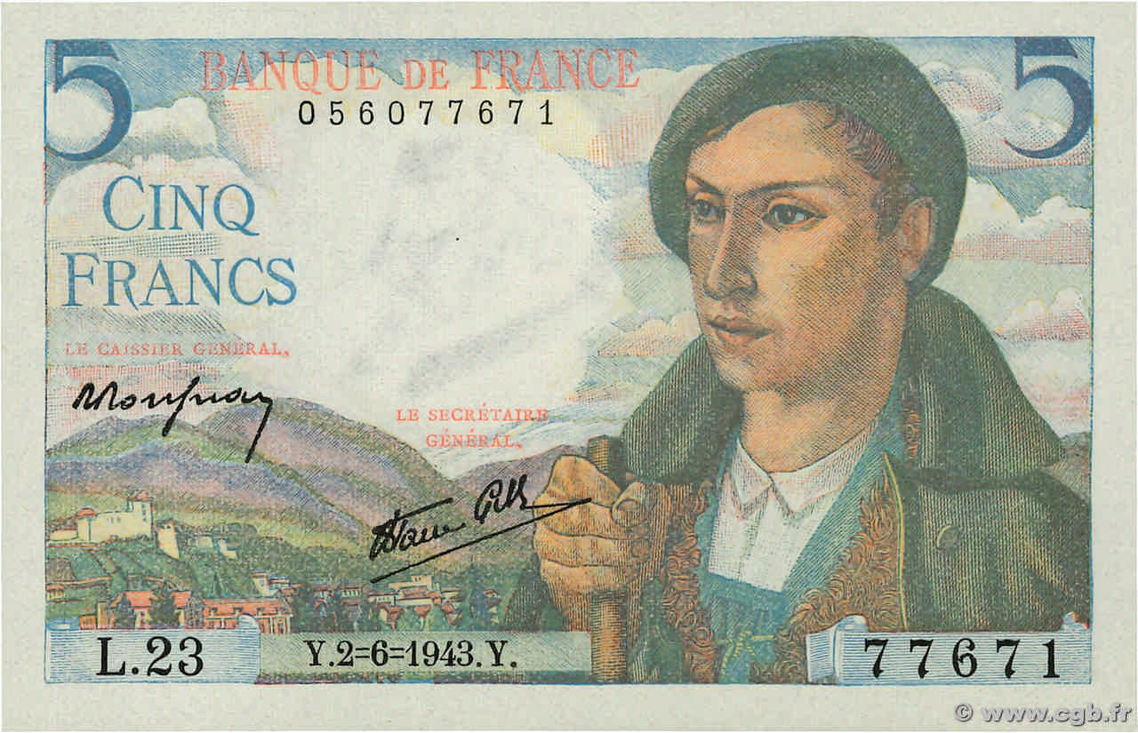 5 Francs BERGER FRANCE  1943 F.05.01 UNC-