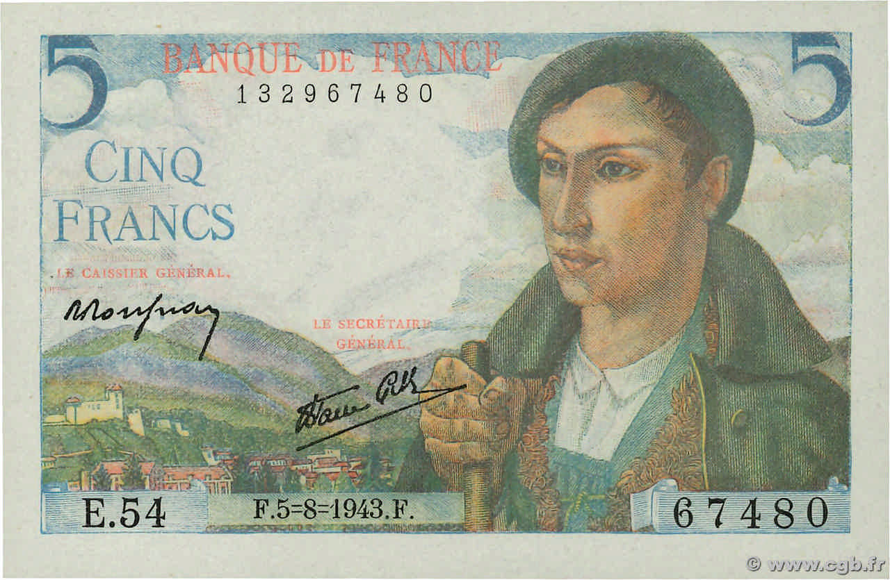 5 Francs BERGER FRANCE  1943 F.05.03 UNC-