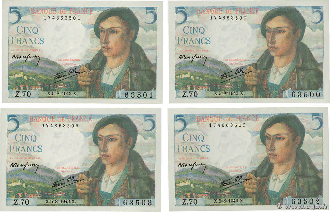5 Francs BERGER Consécutifs FRANCIA  1943 F.05.03 FDC