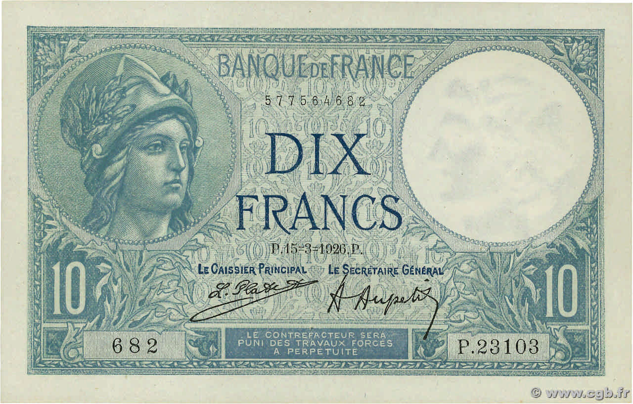 10 Francs MINERVE FRANCIA  1926 F.06.10 AU+