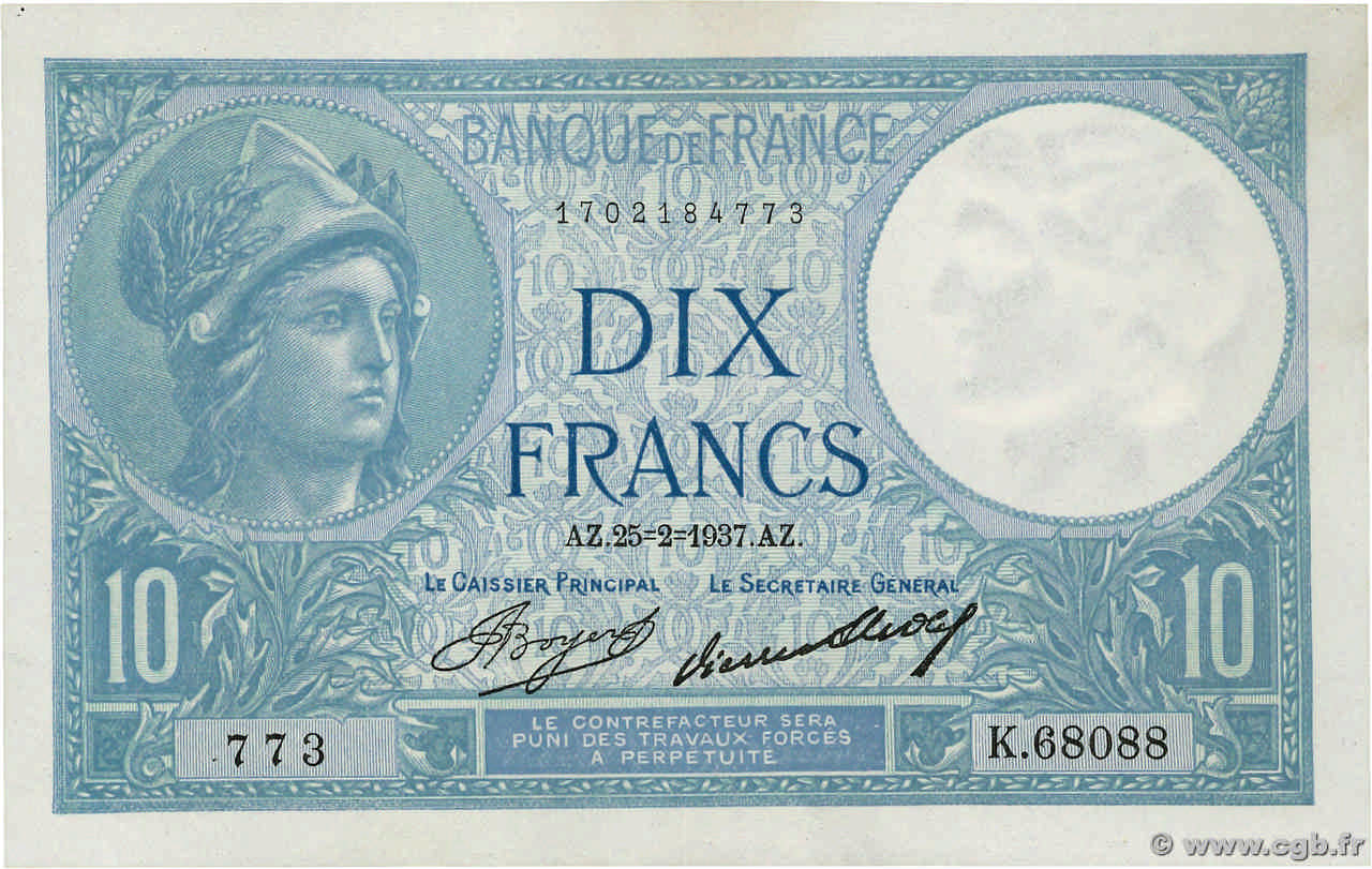 10 Francs MINERVE FRANCIA  1937 F.06.18 SPL+