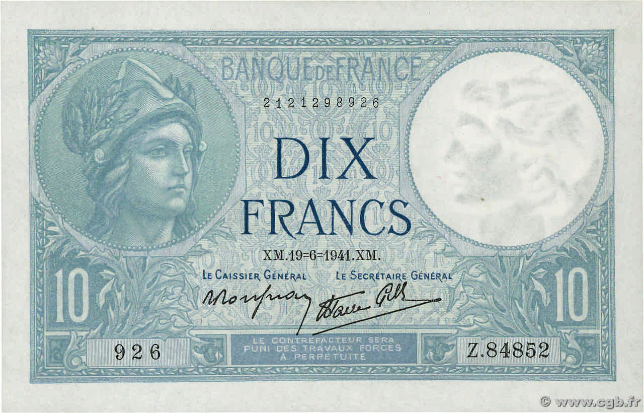 10 Francs MINERVE modifié FRANCE  1941 F.07.29 UNC-