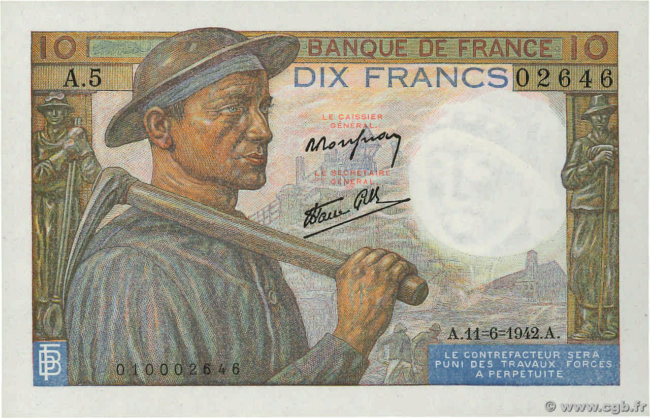 10 Francs MINEUR FRANCIA  1942 F.08.03 q.FDC