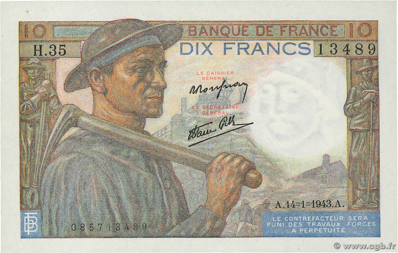 10 Francs MINEUR FRANKREICH  1943 F.08.07 fST+