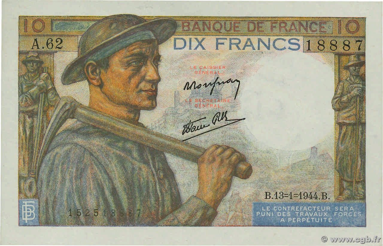 10 Francs MINEUR FRANCIA  1944 F.08.10 SC+
