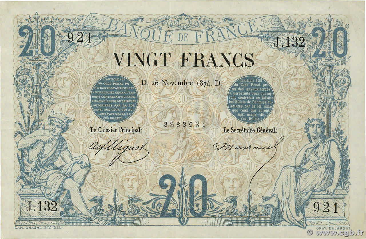 20 Francs NOIR FRANCE  1874 F.09.01 pr.SUP