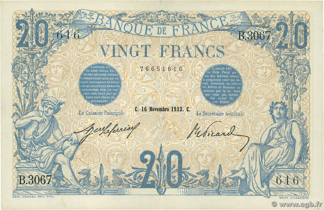 20 Francs BLEU FRANCE  1912 F.10.02 AU-