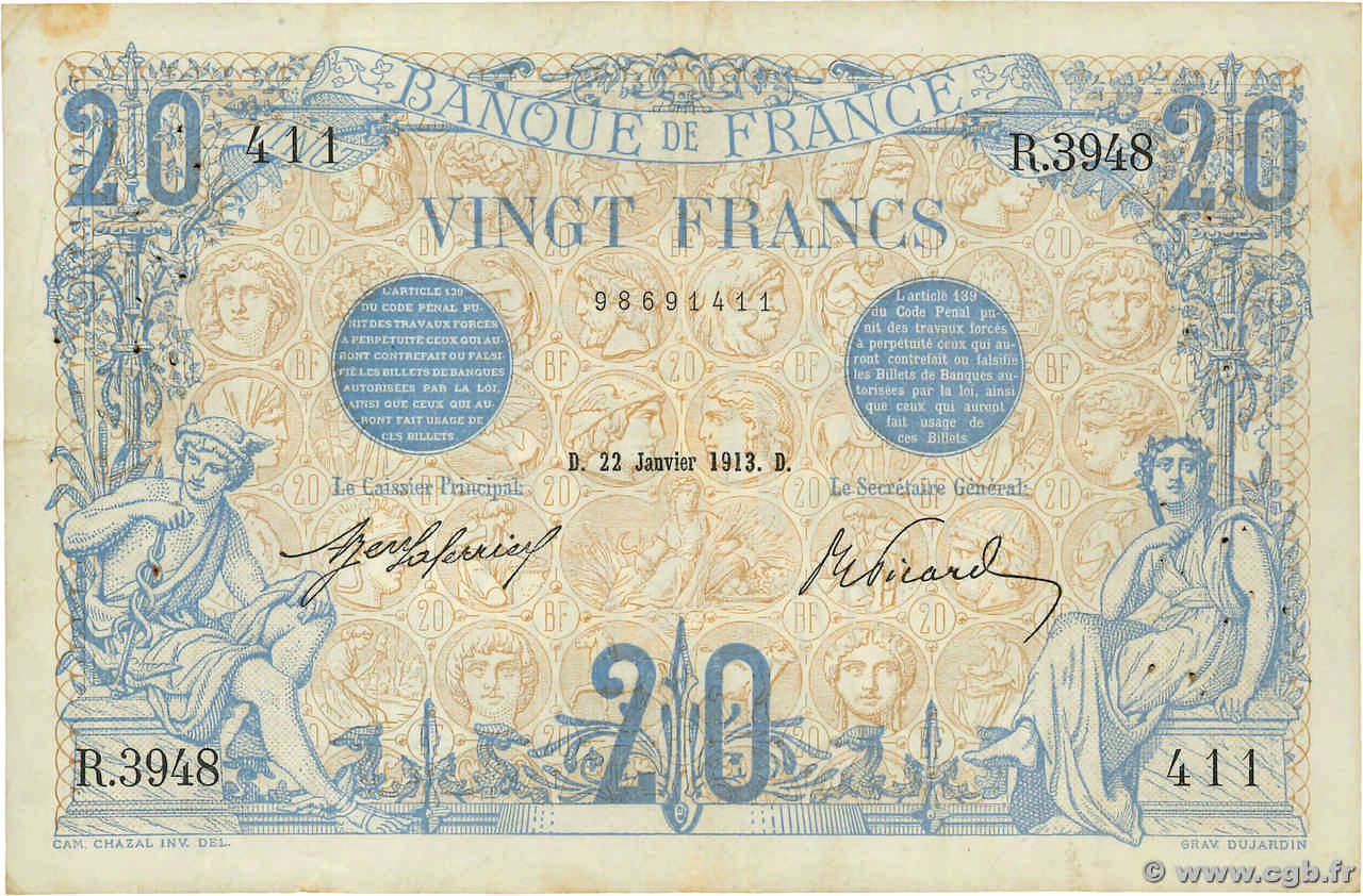 20 Francs BLEU FRANCIA  1913 F.10.03 BC+