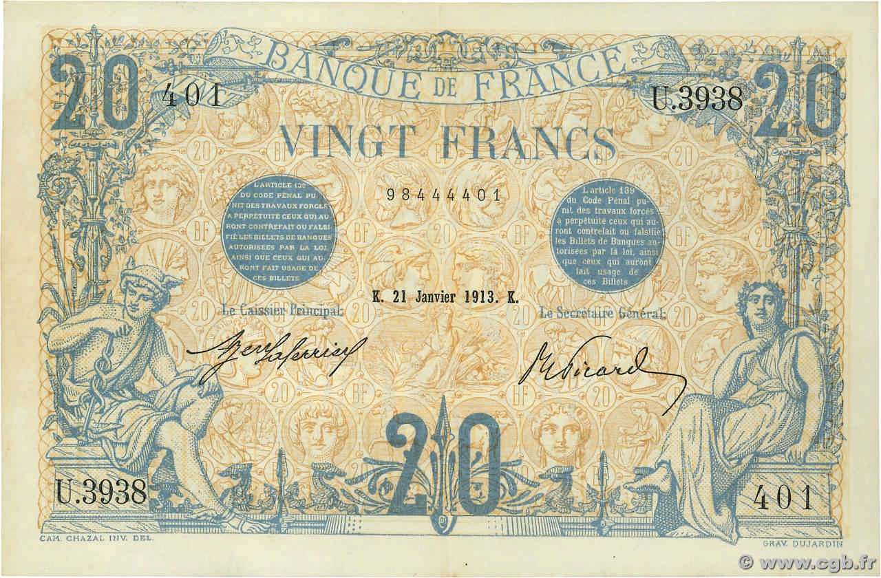 20 Francs BLEU FRANCIA  1913 F.10.03 EBC+