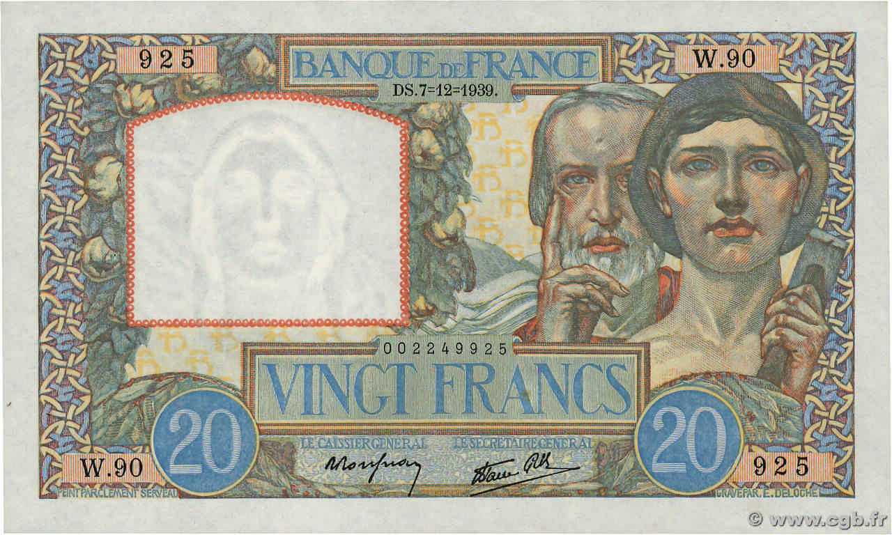 20 Francs TRAVAIL ET SCIENCE FRANCIA  1939 F.12.01 q.FDC