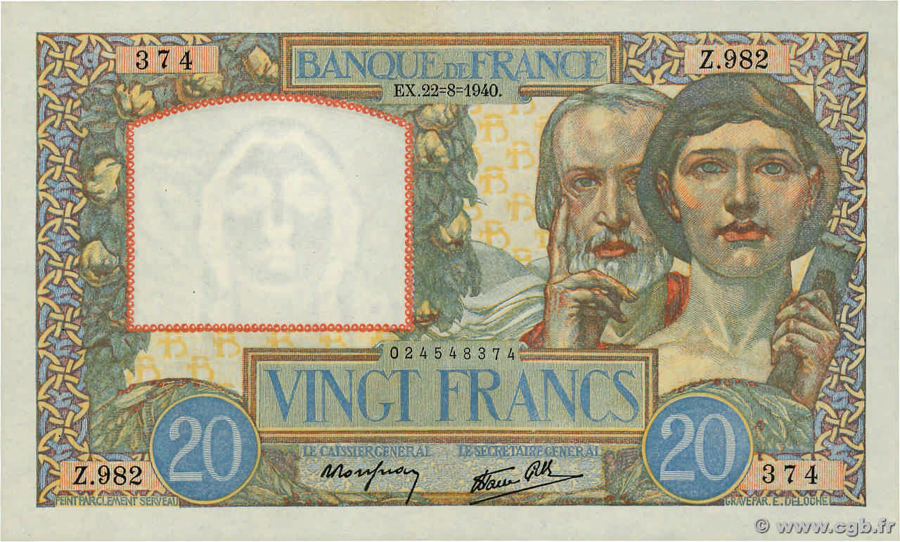 20 Francs TRAVAIL ET SCIENCE FRANKREICH  1940 F.12.06 VZ+