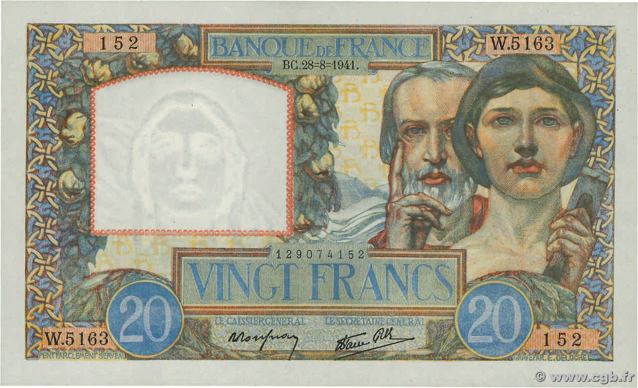 20 Francs TRAVAIL ET SCIENCE FRANCE  1941 F.12.17 UNC