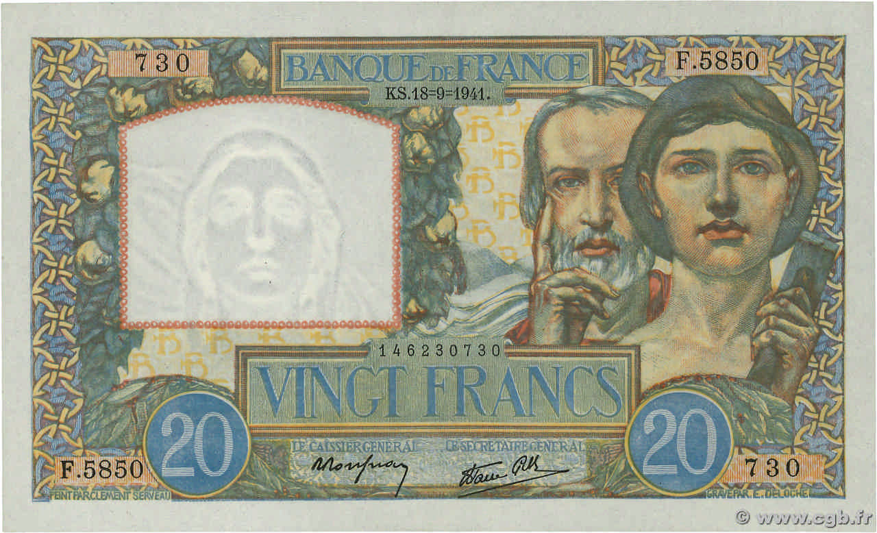20 Francs TRAVAIL ET SCIENCE FRANCE  1941 F.12.18 SPL+