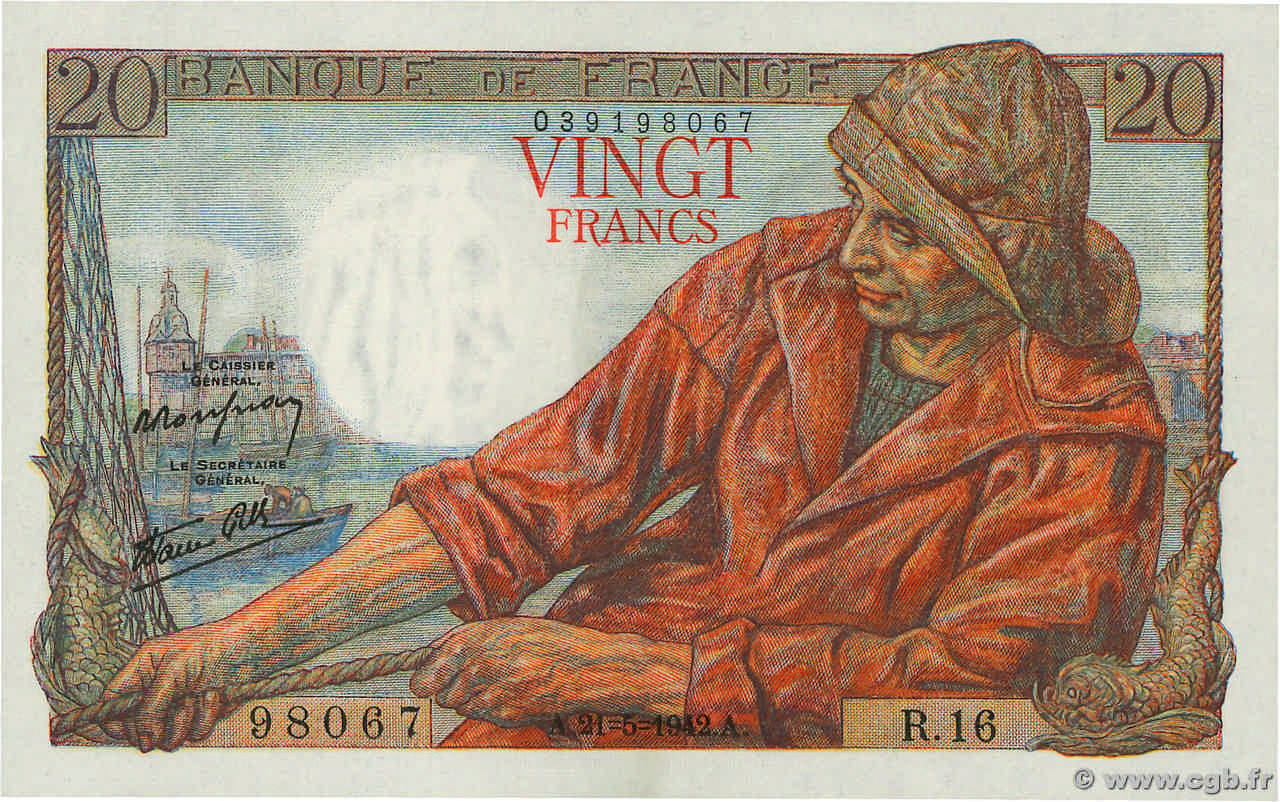 20 Francs PÊCHEUR FRANCIA  1942 F.13.02 q.FDC