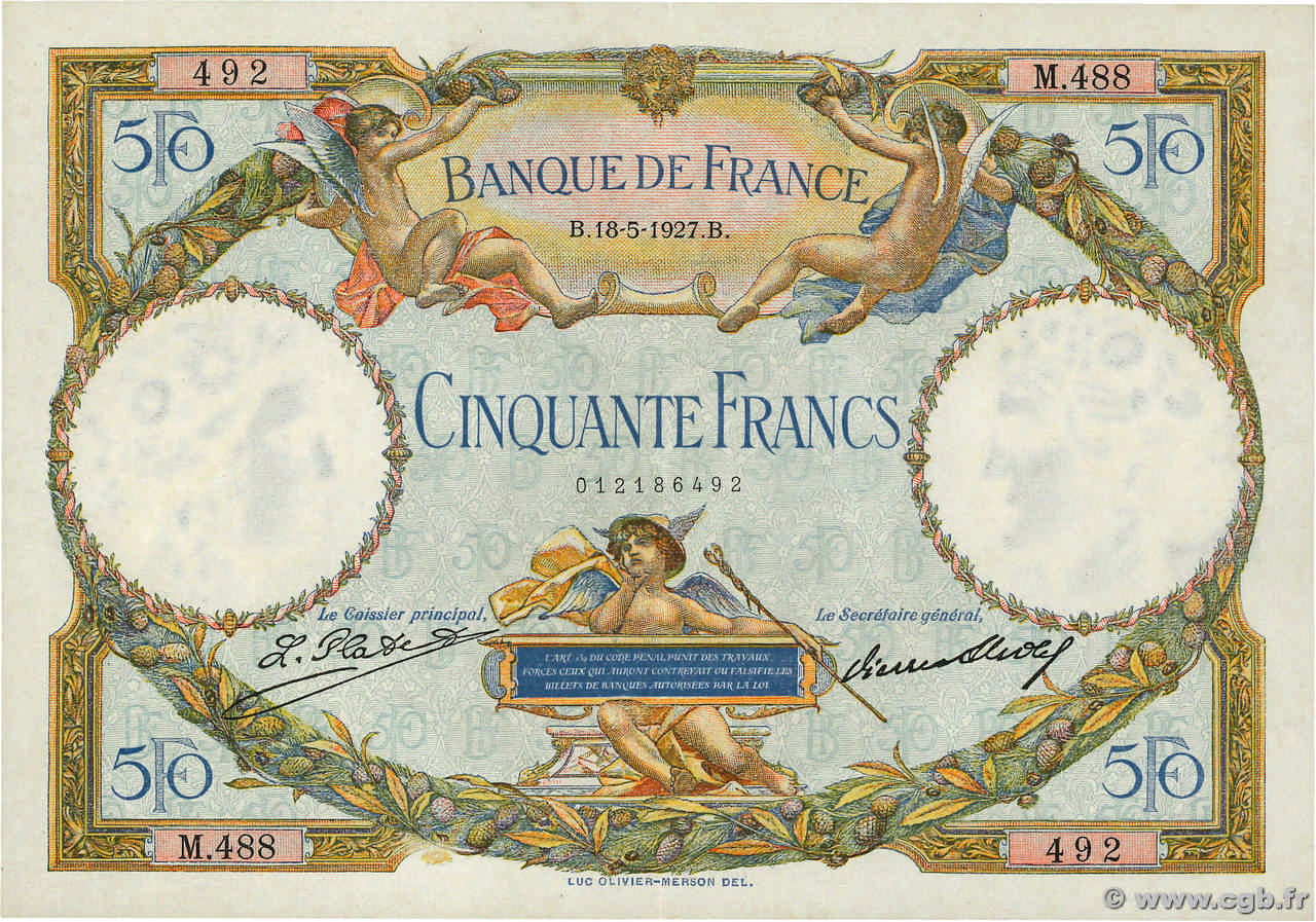 50 Francs LUC OLIVIER MERSON FRANCE  1927 F.15.01 XF-