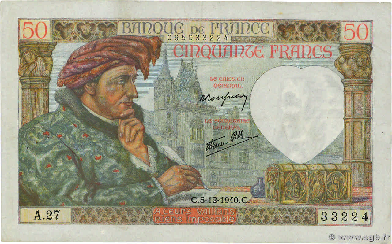 50 Francs JACQUES CŒUR FRANCE  1940 F.19.04 VF-