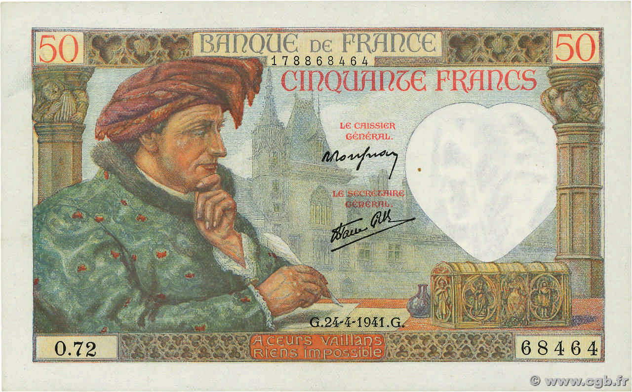 50 Francs JACQUES CŒUR FRANCE  1941 F.19.09 SUP+