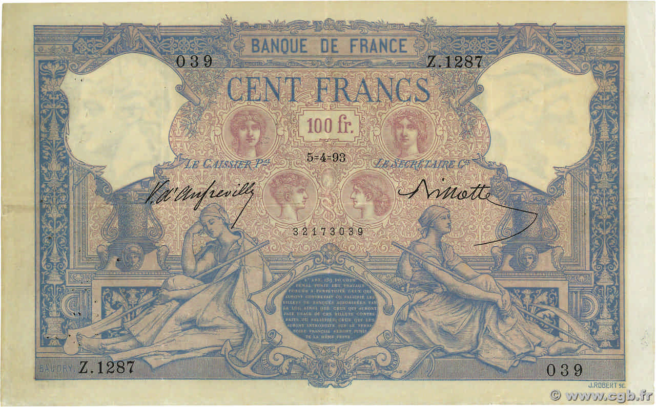 100 Francs BLEU ET ROSE FRANCIA  1893 F.21.06 MBC