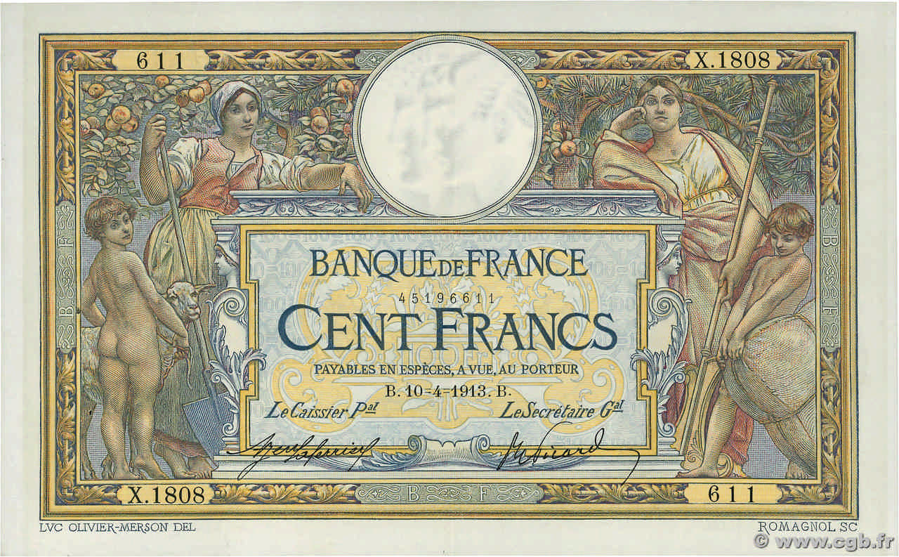 100 Francs LUC OLIVIER MERSON sans LOM FRANCE  1913 F.23.05 pr.SUP