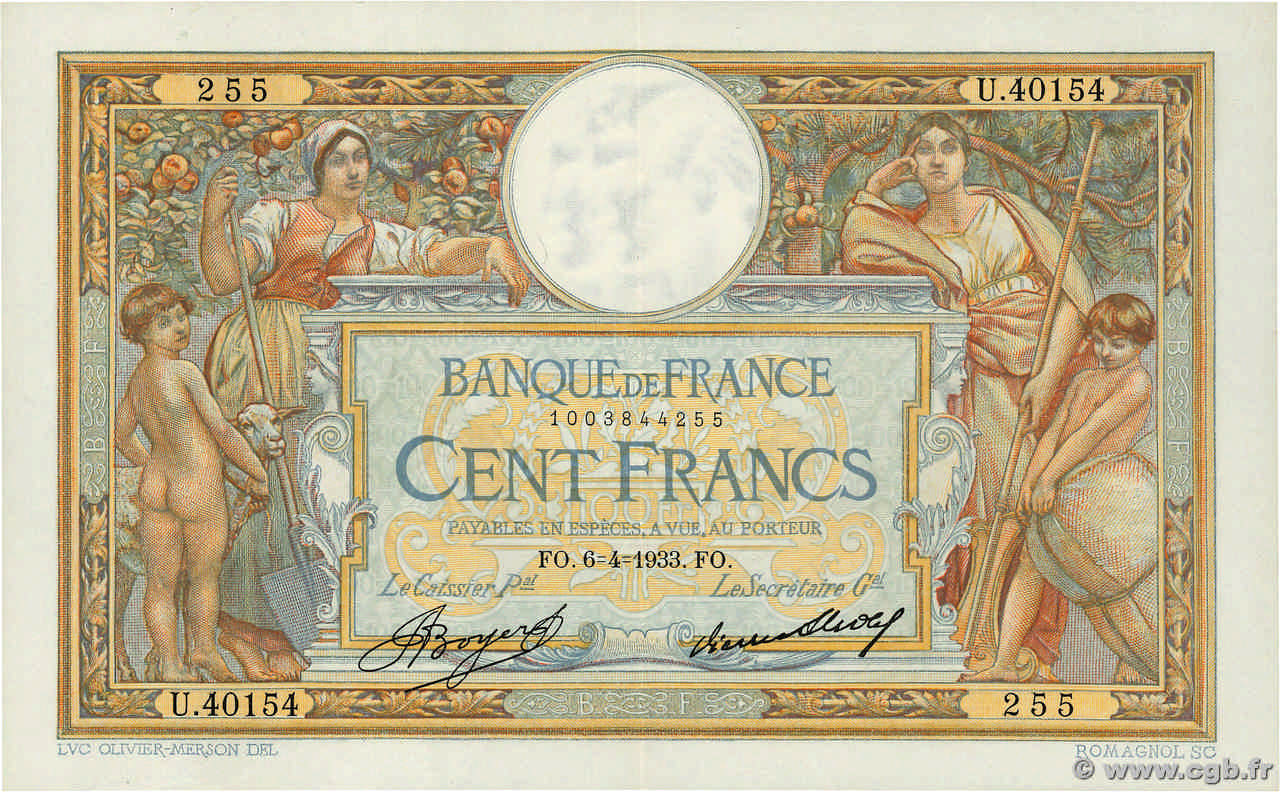 100 Francs LUC OLIVIER MERSON grands cartouches FRANCE  1933 F.24.12a SUP+