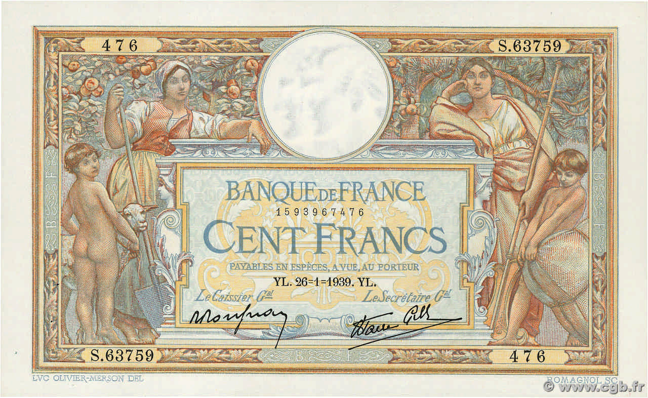 100 Francs LUC OLIVIER MERSON type modifié FRANCE  1939 F.25.40 SPL