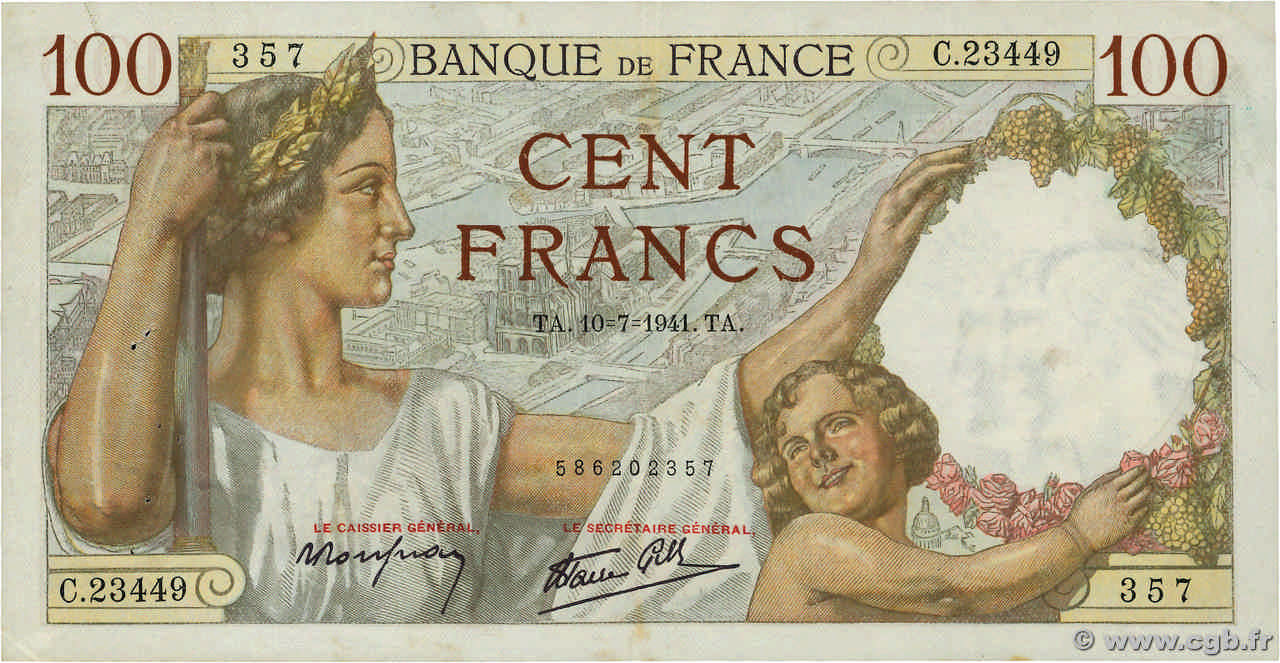 100 Francs SULLY FRANCIA  1941 F.26.55 MBC