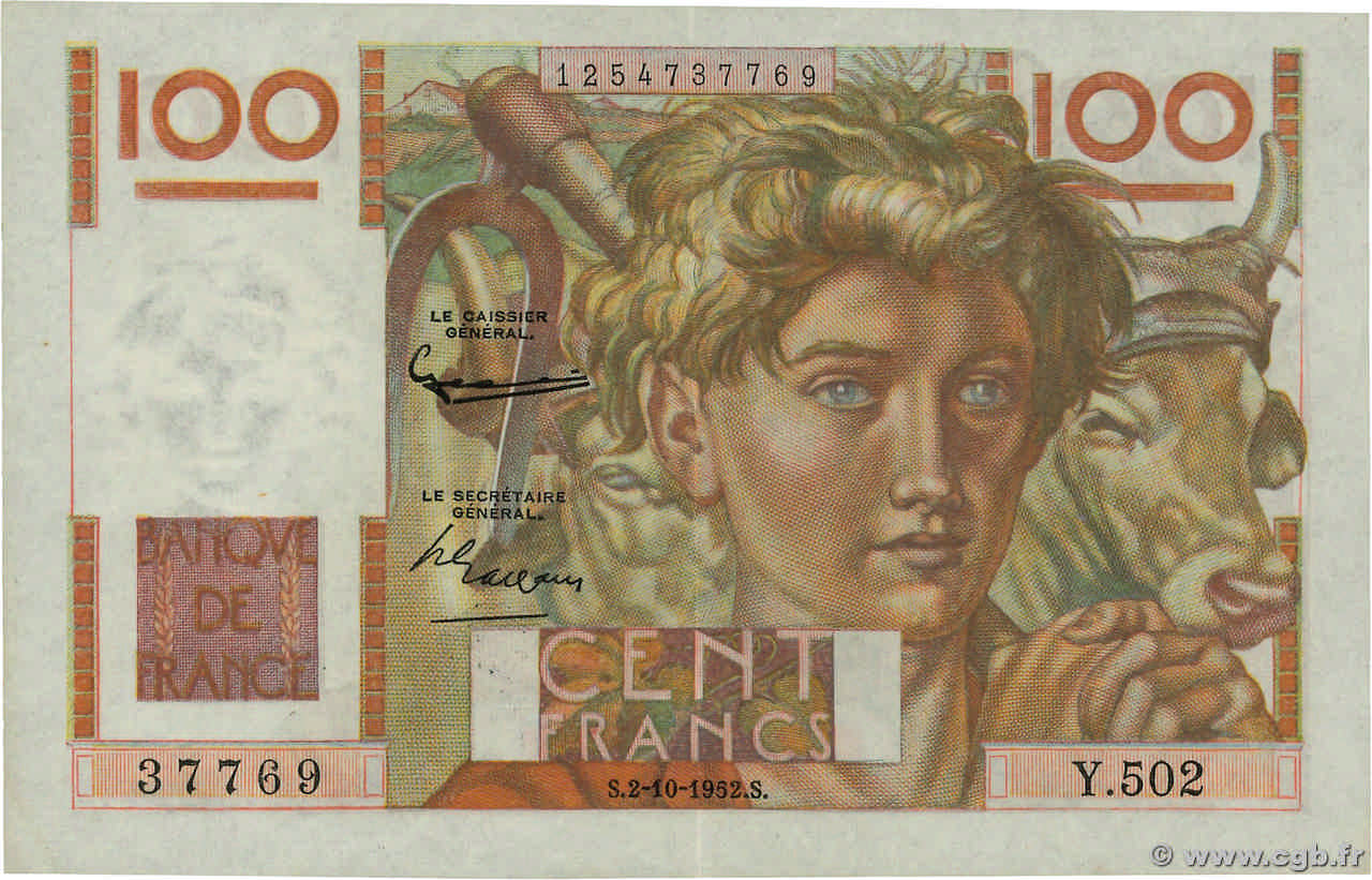 100 Francs JEUNE PAYSAN filigrane inversé FRANCIA  1952 F.28bis.01 MBC