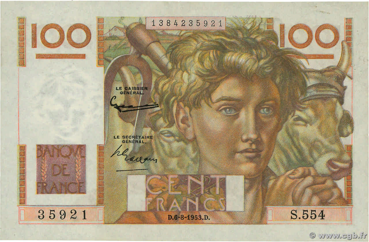 100 Francs JEUNE PAYSAN filigrane inversé FRANCIA  1952 F.28bis.02 AU