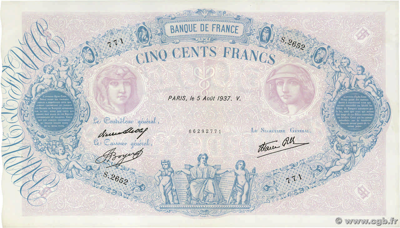 500 Francs BLEU ET ROSE modifié FRANCE  1937 F.31.01 SUP+