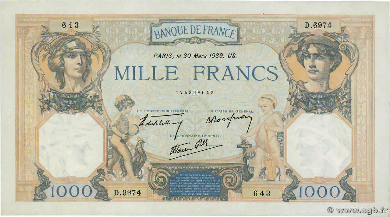1000 Francs CÉRÈS ET MERCURE type modifié FRANCE  1939 F.38.35 AU