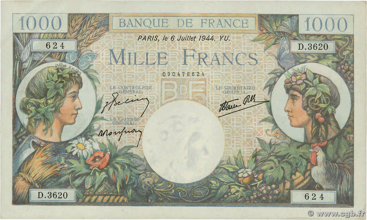 1000 Francs COMMERCE ET INDUSTRIE FRANCIA  1944 F.39.10 EBC