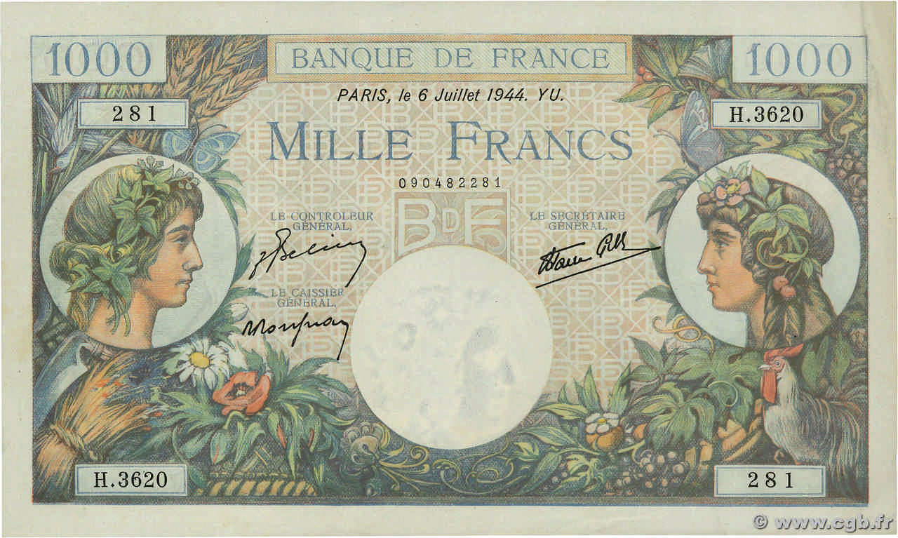 1000 Francs COMMERCE ET INDUSTRIE FRANCE  1944 F.39.10 XF