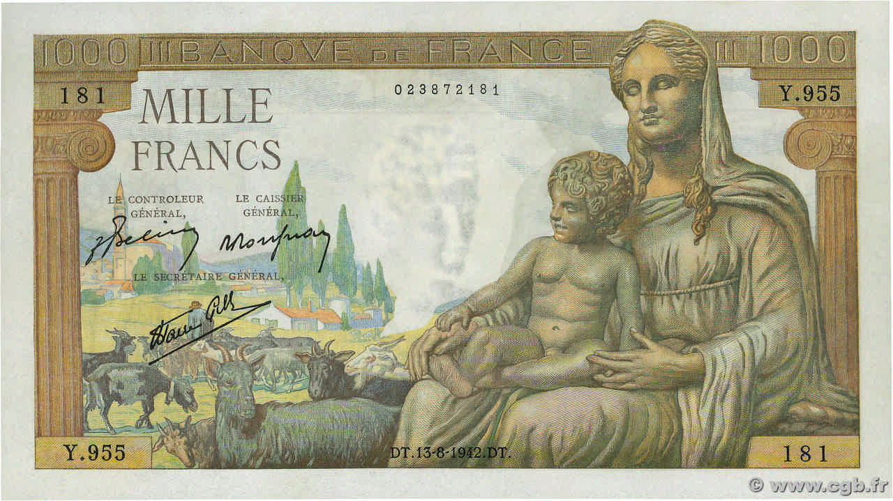 1000 Francs DÉESSE DÉMÉTER FRANCE  1942 F.40.04 NEUF