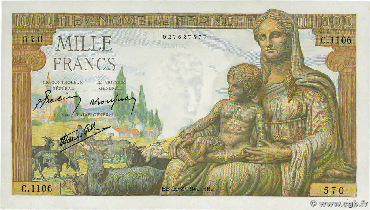 1000 Francs DÉESSE DÉMÉTER FRANCE  1942 F.40.05 UNC