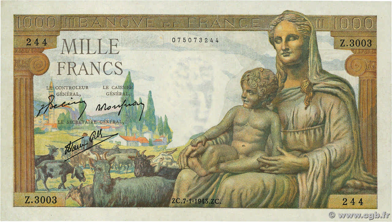 1000 Francs DÉESSE DÉMÉTER FRANKREICH  1943 F.40.15 fST+