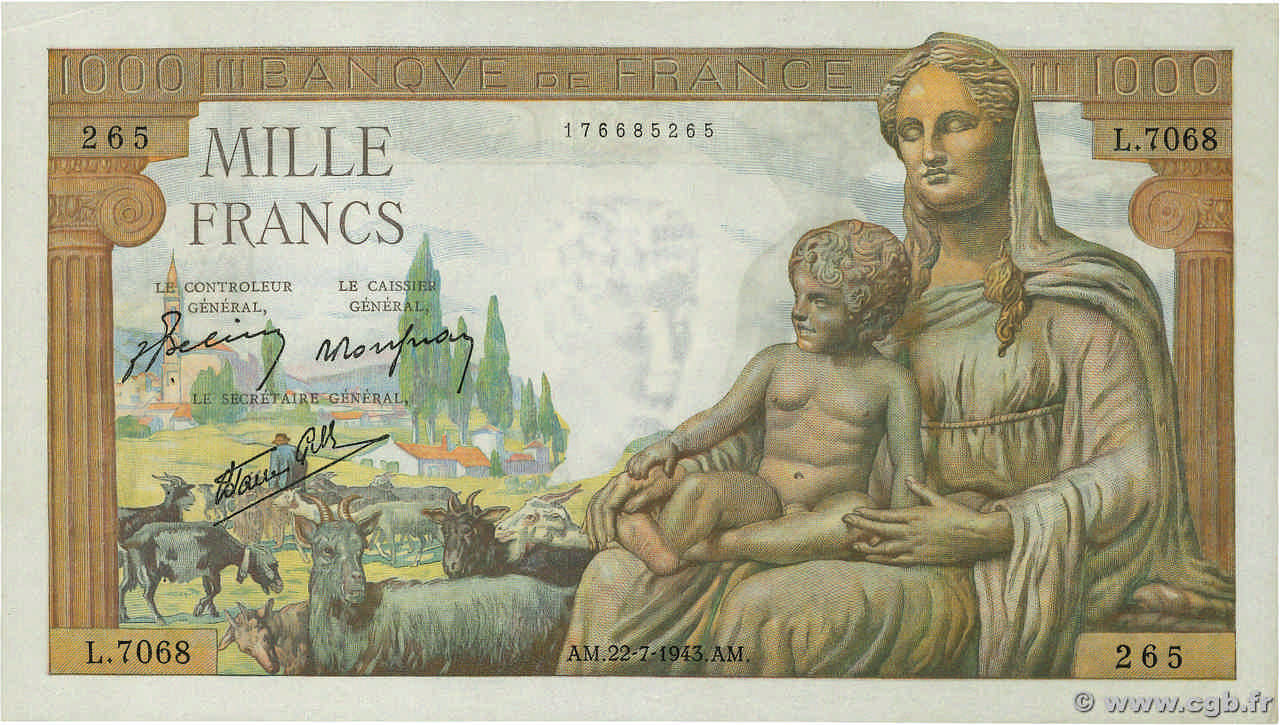 1000 Francs DÉESSE DÉMÉTER FRANCIA  1943 F.40.31 EBC+
