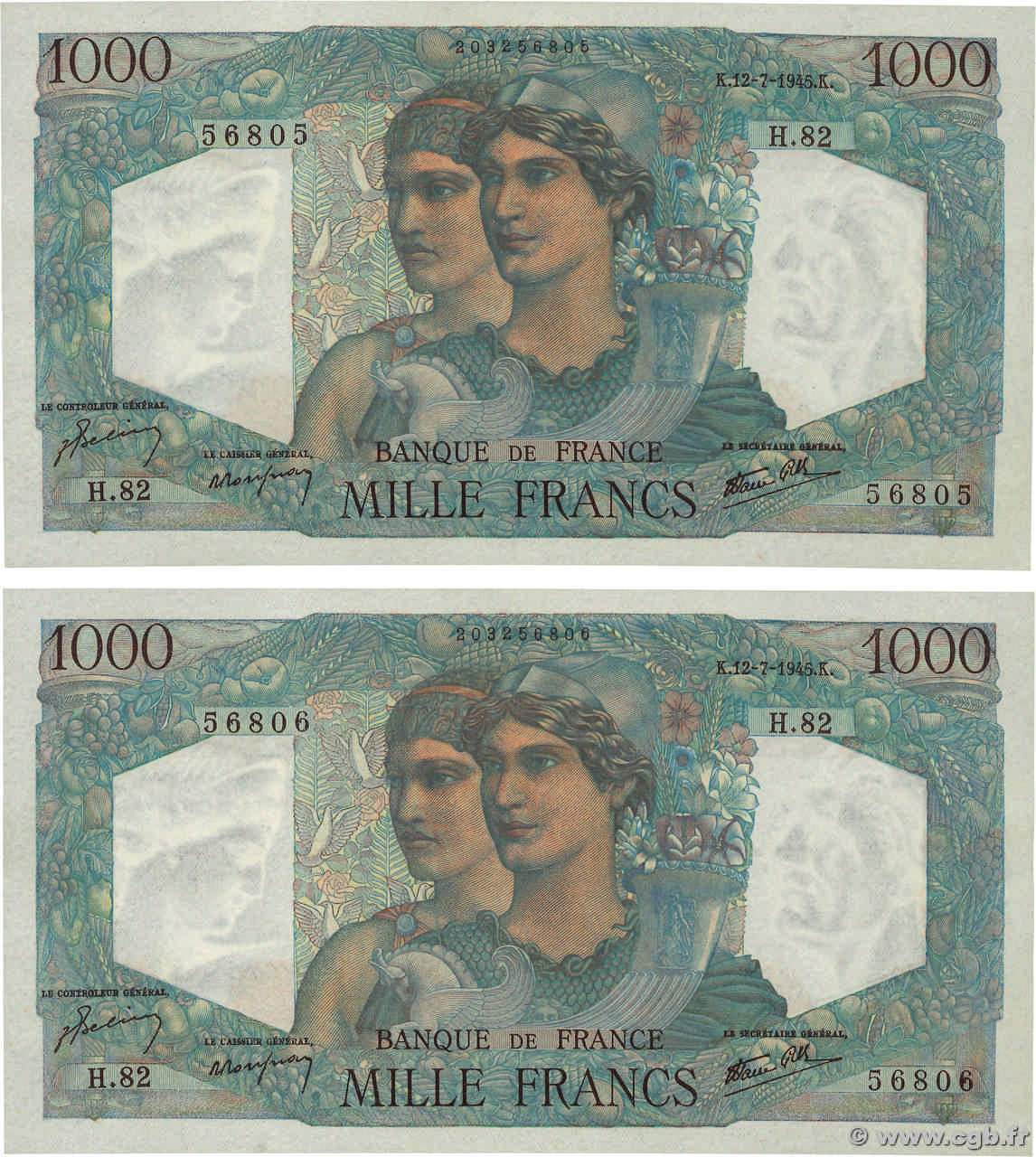 1000 Francs MINERVE ET HERCULE Consécutifs FRANCE  1945 F.41.06 XF+