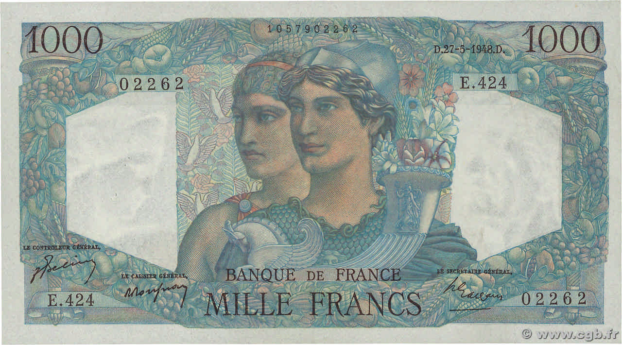 1000 Francs MINERVE ET HERCULE FRANKREICH  1948 F.41.21 VZ+