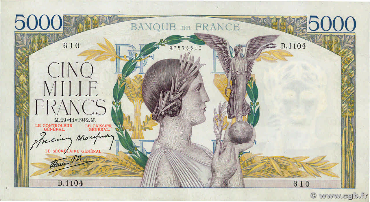 5000 Francs VICTOIRE Impression à plat FRANCIA  1942 F.46.44 SPL