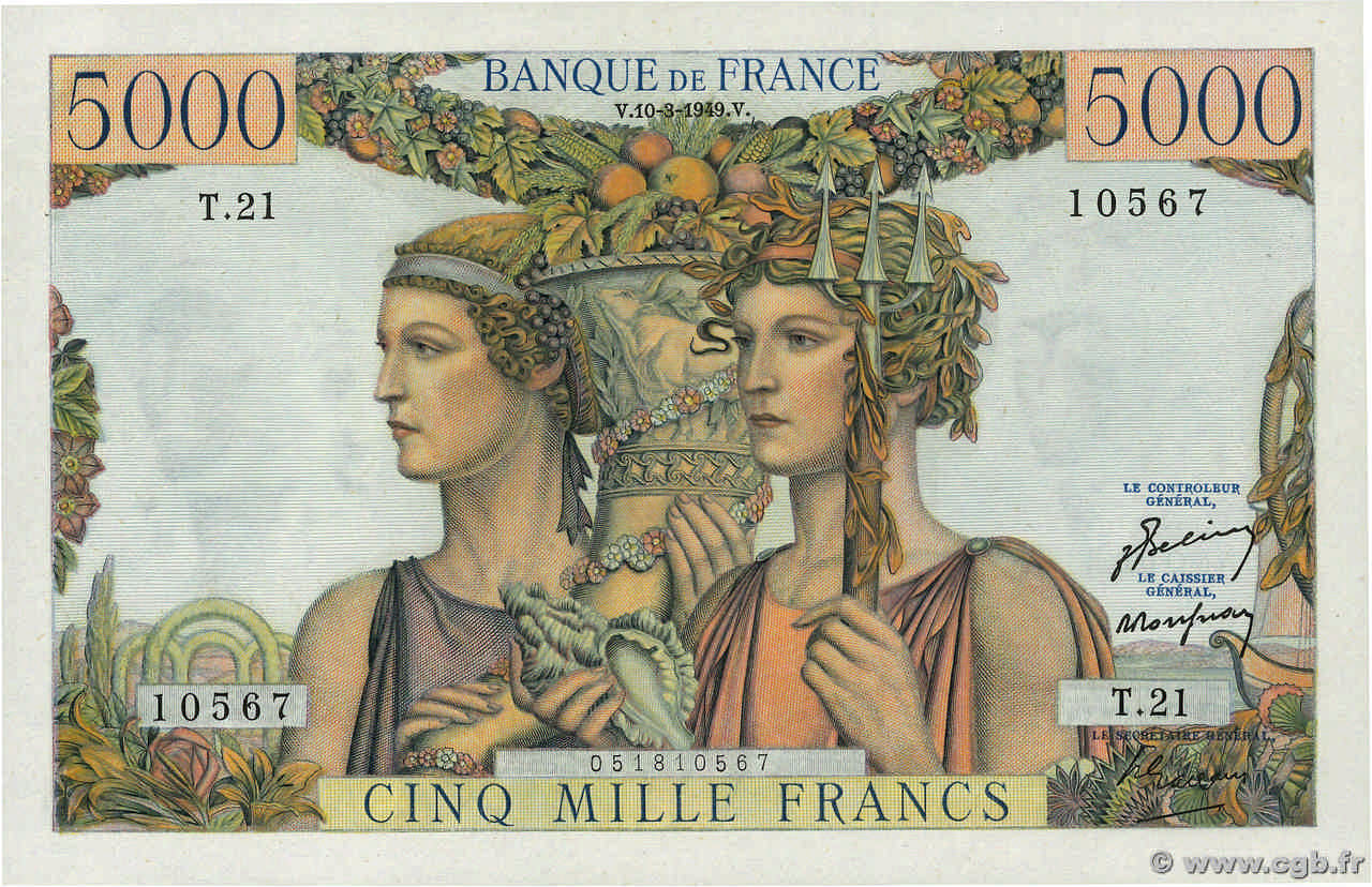 5000 Francs TERRE ET MER FRANCE  1949 F.48.01 AU