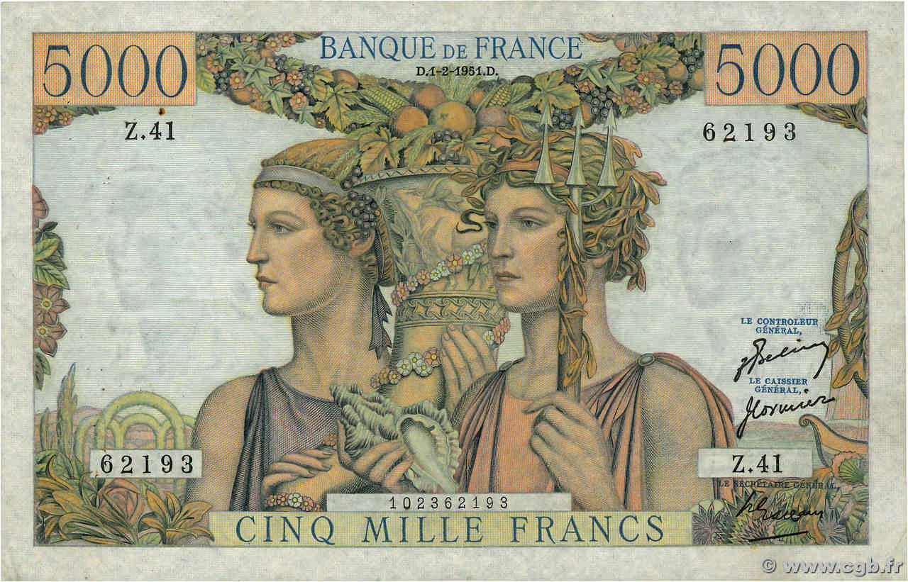 5000 Francs TERRE ET MER FRANCIA  1951 F.48.03 MBC+