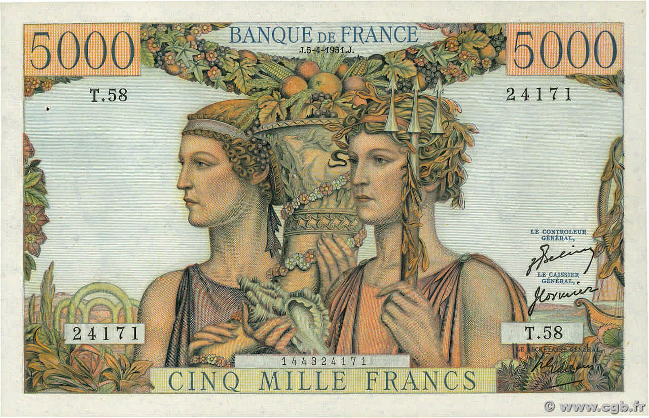 5000 Francs TERRE ET MER FRANCIA  1951 F.48.04 SC