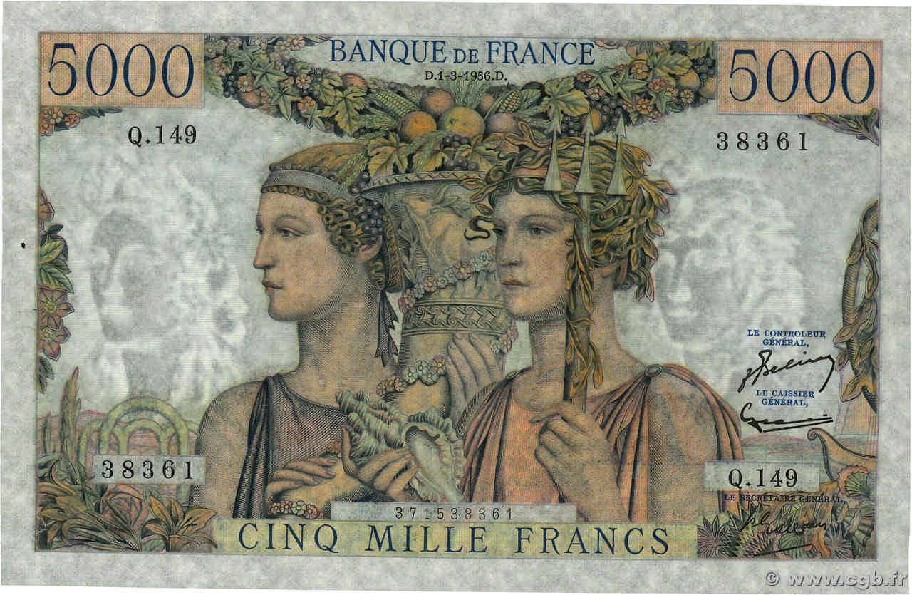 5000 Francs TERRE ET MER FRANCE  1956 F.48.11 AU