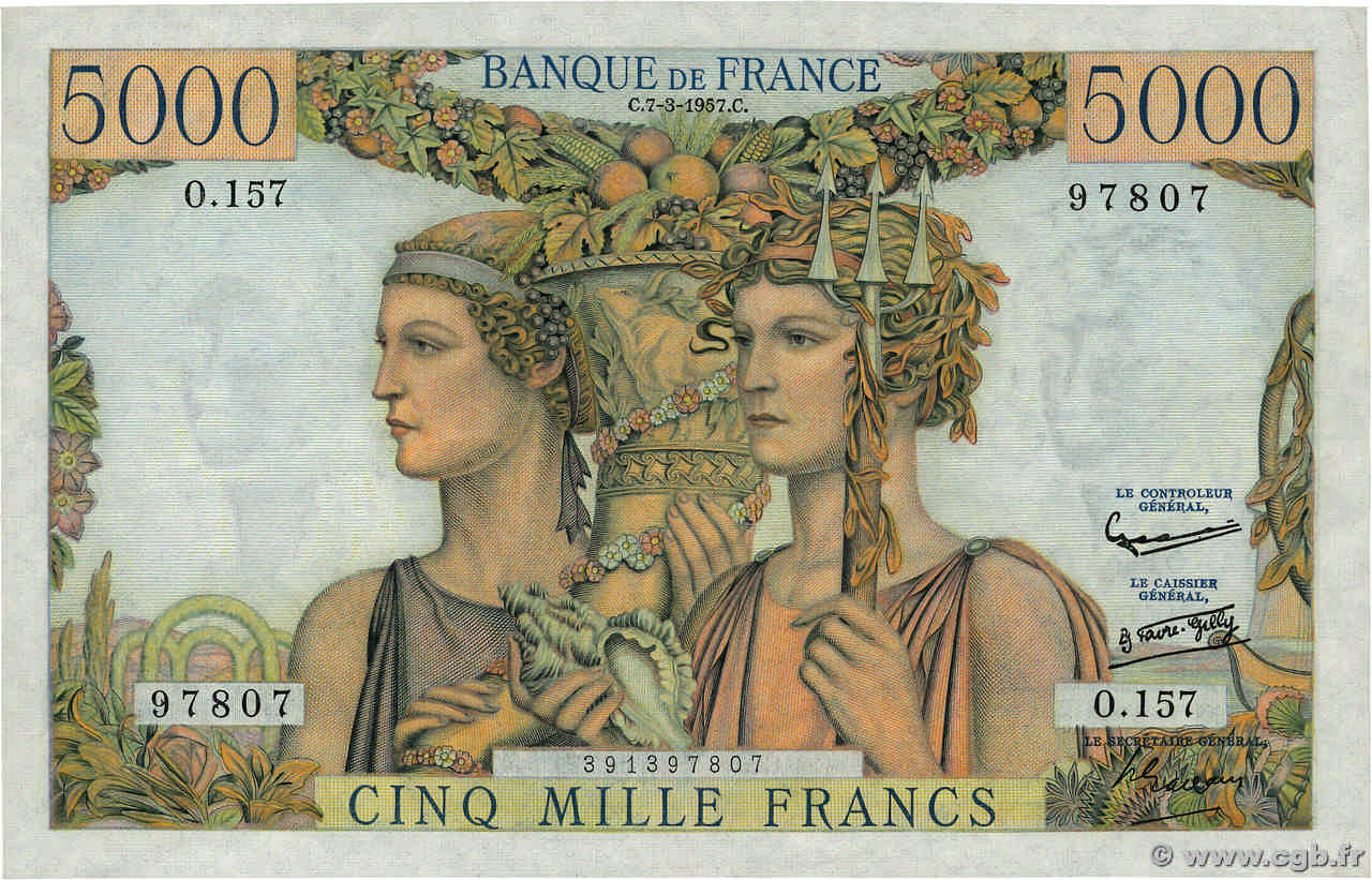 5000 Francs TERRE ET MER FRANCE  1957 F.48.13 XF