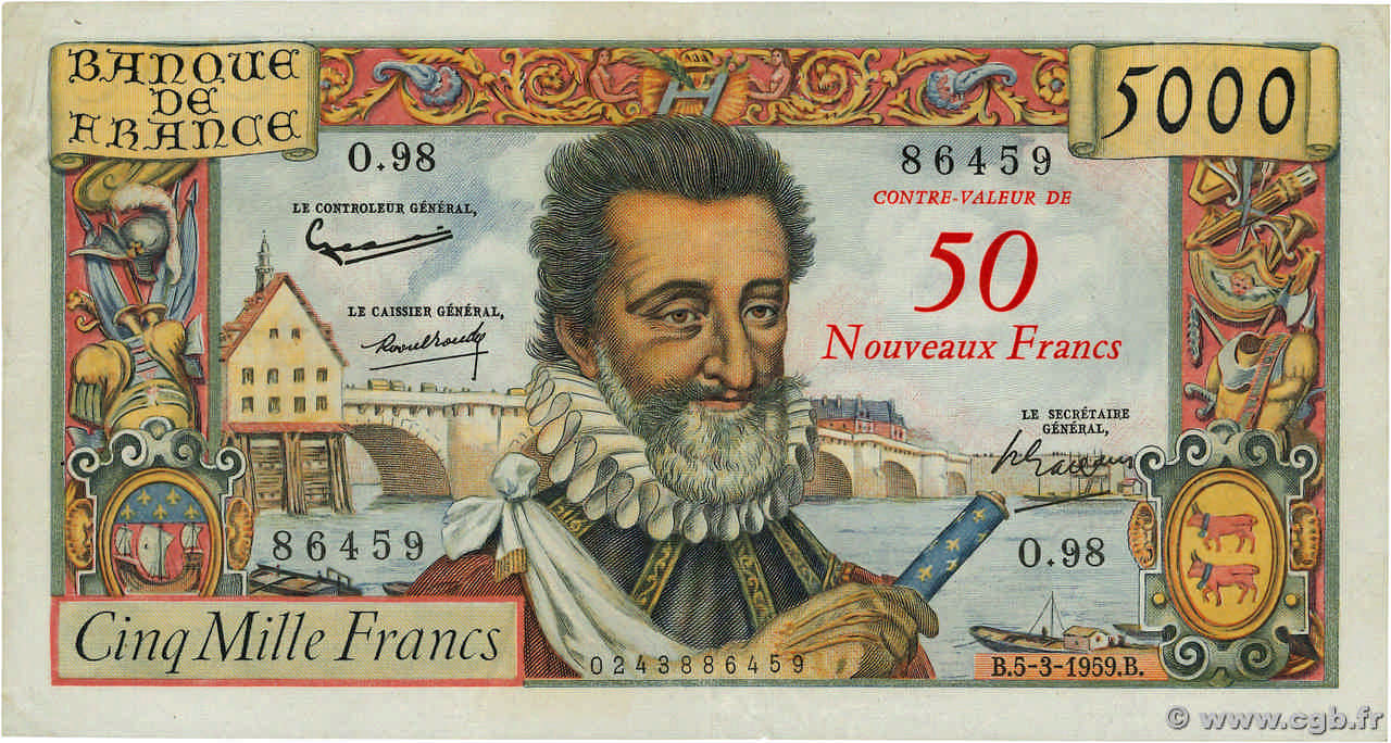 50 NF sur 5000 Francs HENRI IV FRANCIA  1959 F.54.02 SPL