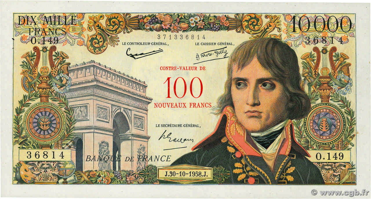 100 NF sur 10000 Francs BONAPARTE FRANCE  1958 F.55.01 XF